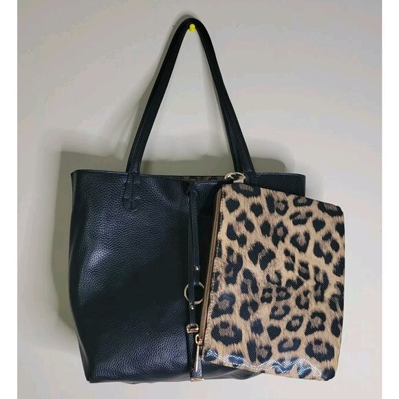 New Directions Reversible Handbag Purse Tote Black/Leopard With Wristlet - Picture 1 of 8